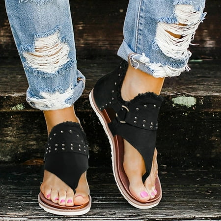 

Slippers for women Summer Women Ladies Flat Jean Nail Deco Sandals Casual Buckle Zip Up Shoes