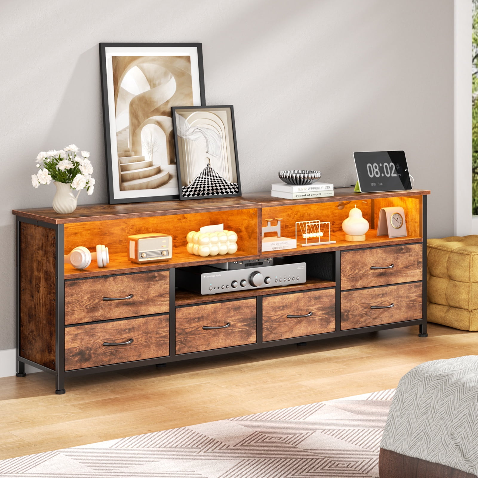 Tydimor 6-Drawer Fabric Dresser with LED Lights & Outlet, TV Stand with 3 Open Compartments, Metal Frame Anti-Tip Design, Fits 32"-70" TVs, Rustic Brown (63")
