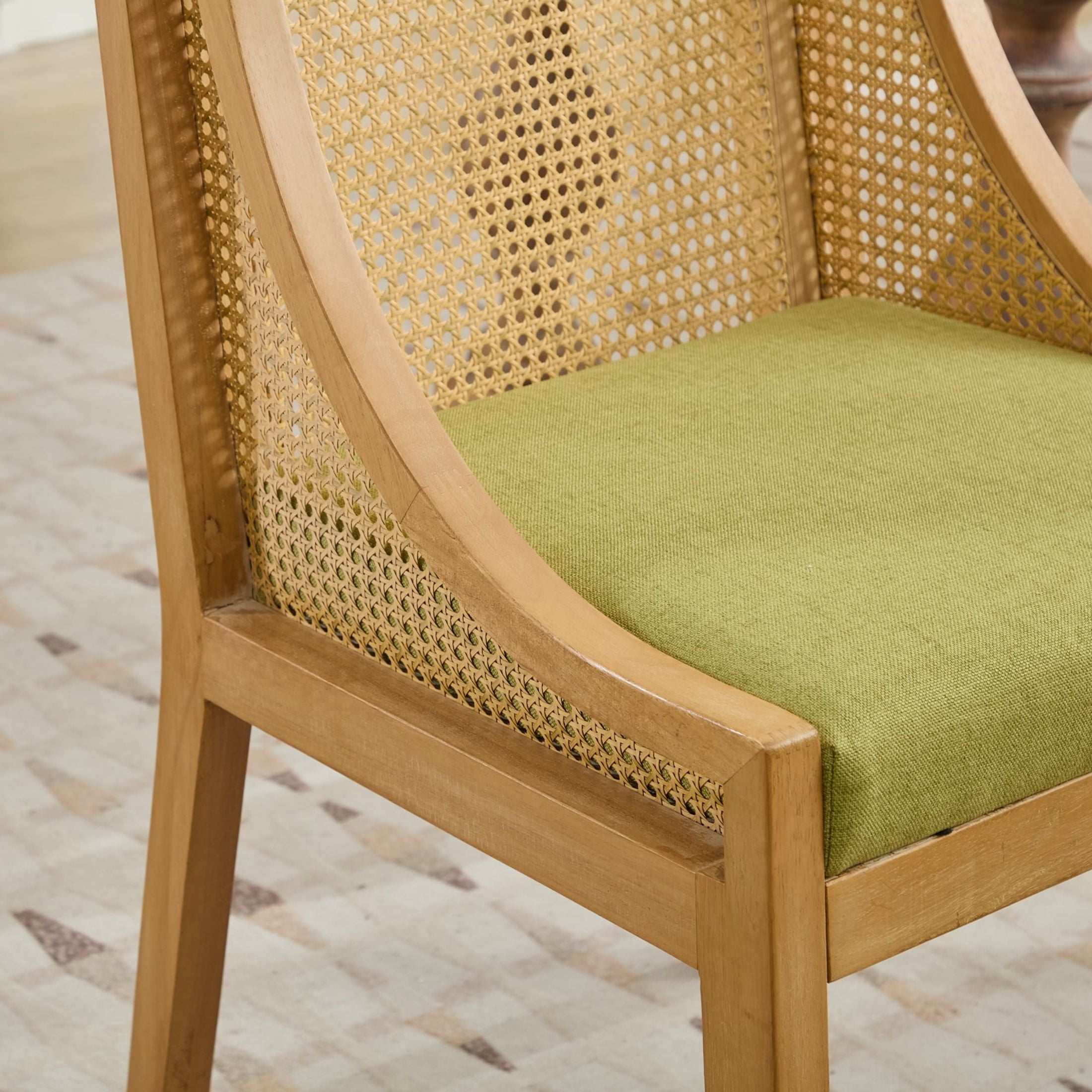 Noble House Dining Chair with Rattan Back, Linen Seat, Solid Wood Frame, Olive Green
