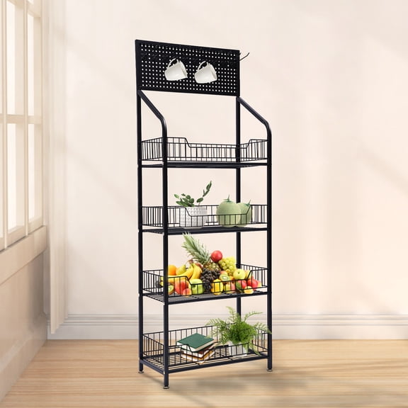 ChicHomey 4 Tier Retail Display Rack,Metal Storage Shelf with 4 Casters, 5 Hooks,Fruit Vegetable Snack Storage&Display Shelf