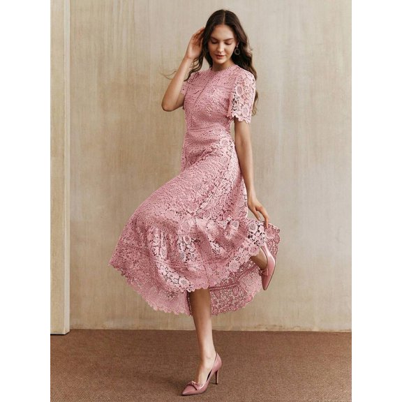 Pink Dress With Short Sleeve And Ruffled Hem