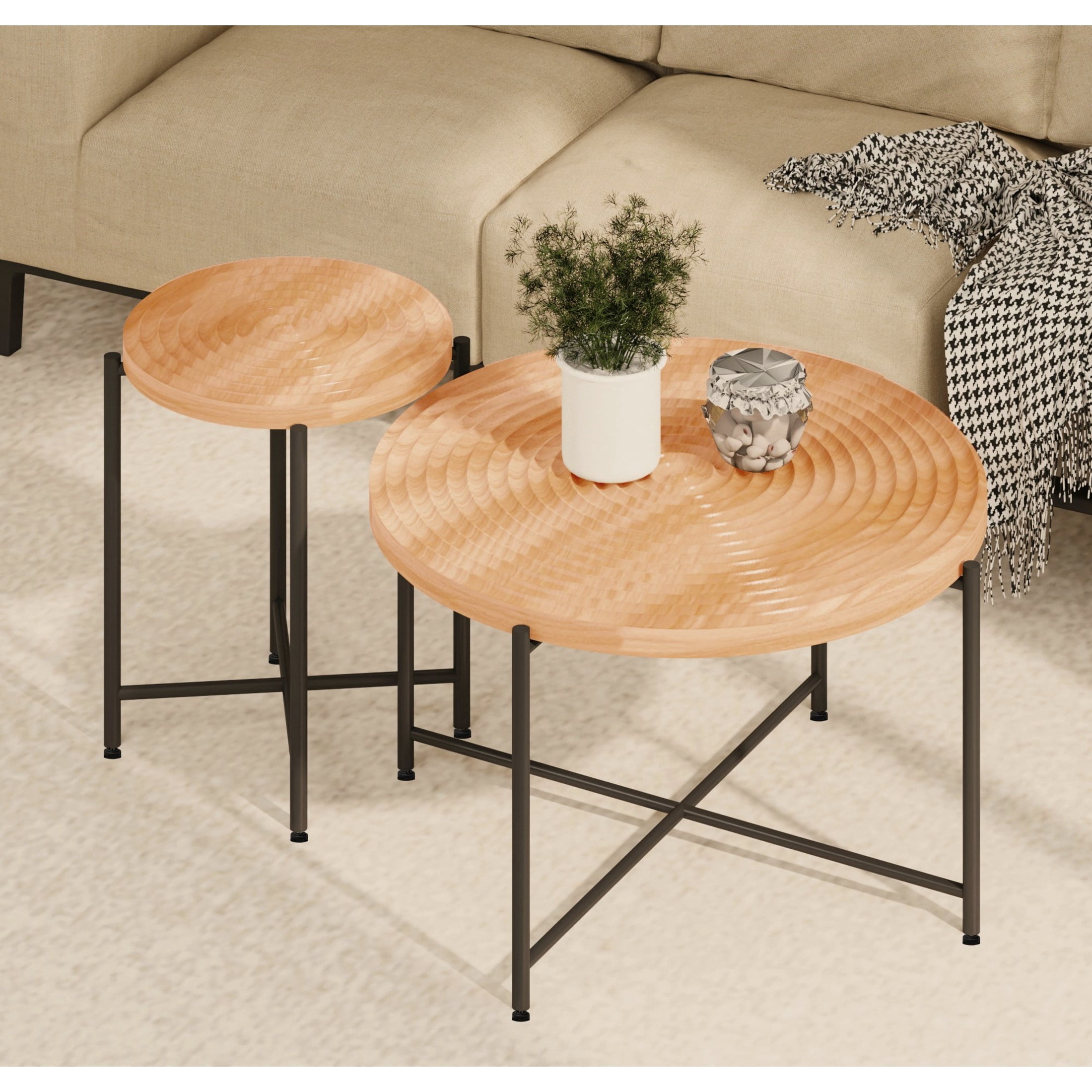 GDF Studio 2-Piece Coffee and End Table Set with Radial Ring Pattern Tabletops, Black Metal Legs, Brown