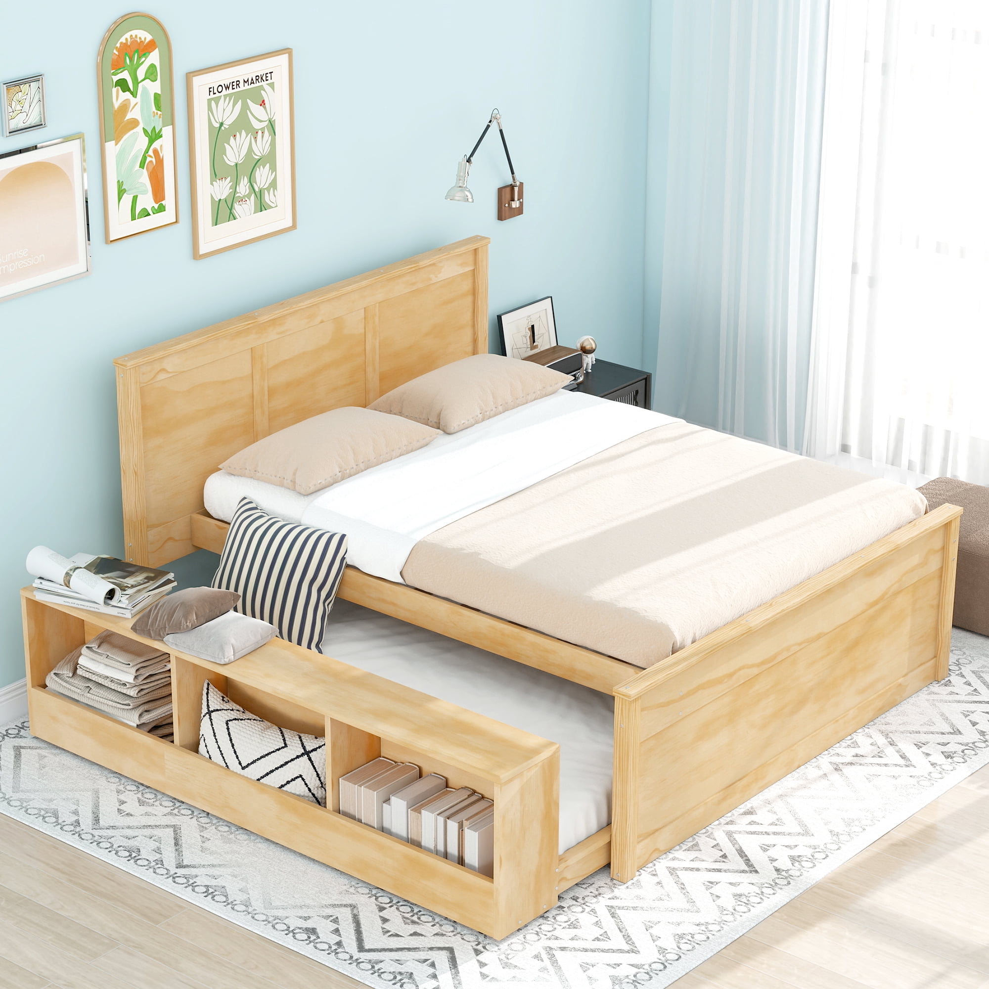 Euroco Wood Full Size Platform Bed with Trundle and Storage Cabinets, Natural