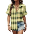 thumbnail image 2 of lulshou Women's Plaid Shirt Fashion Button Shirt Female Lapel Neck Short Sleeves Loose T-shirt Blouse Trendy Casual Checkered Blouse Tops Summer Shirts, 2 of 5