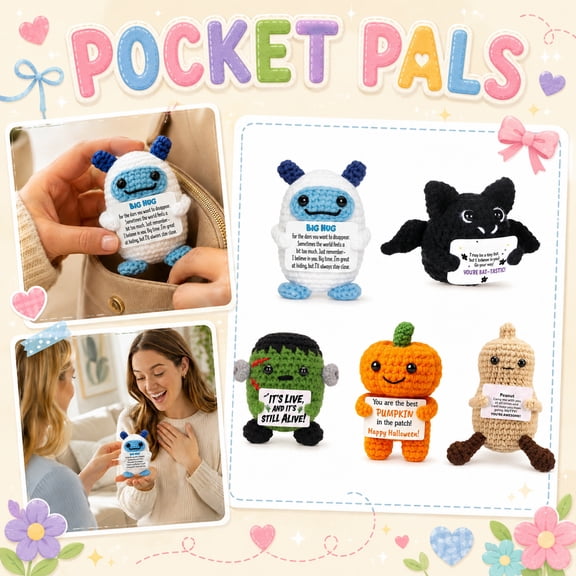 Cute Plush, Positive Crochet Animals, Whimsical Decor, Dark Academia Decor, 3.5X2.5 Inch Handmade Amigurumi Yarn Knitted Positive Doll with Encouraging Big Hug Message Card for