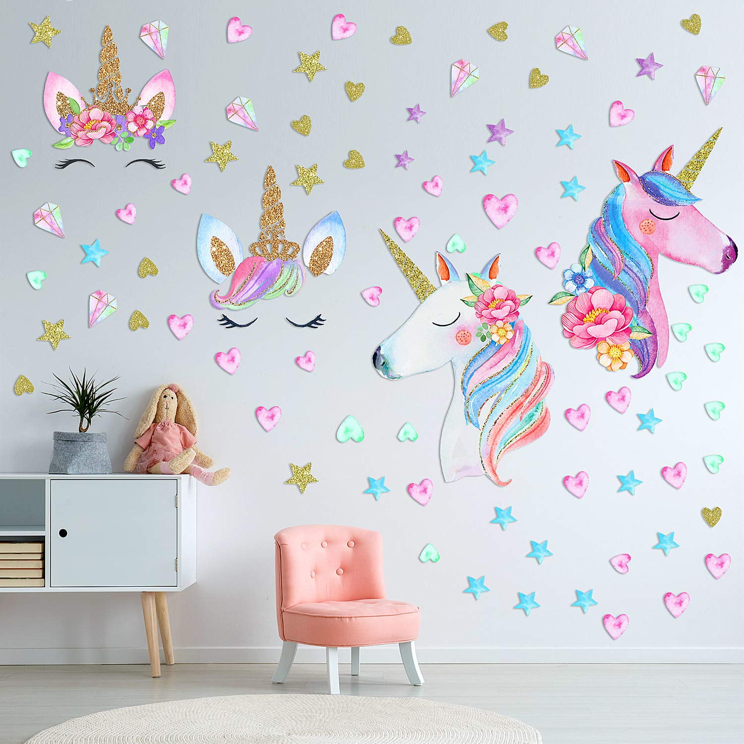 3 Sheets Unicorn Wall Decals Removable Unicorn Wall Sticker Decor for Girls Kids Bedroom Nursery Christmas Birthday Party Unicorn Bedroom Decor for Girls