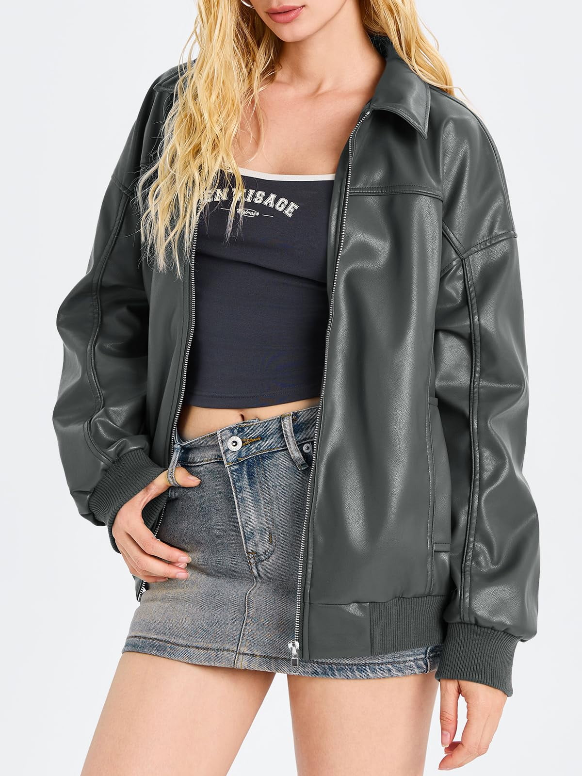Women Faux Leather Jackets Bomber Casual Zip Moto Biker Coat