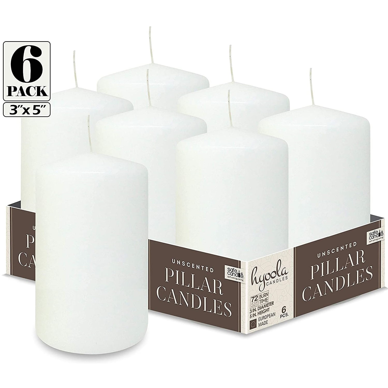 HYOOLA Unscented Smokeless 3x5 inch White Pillar Candles 6 pack