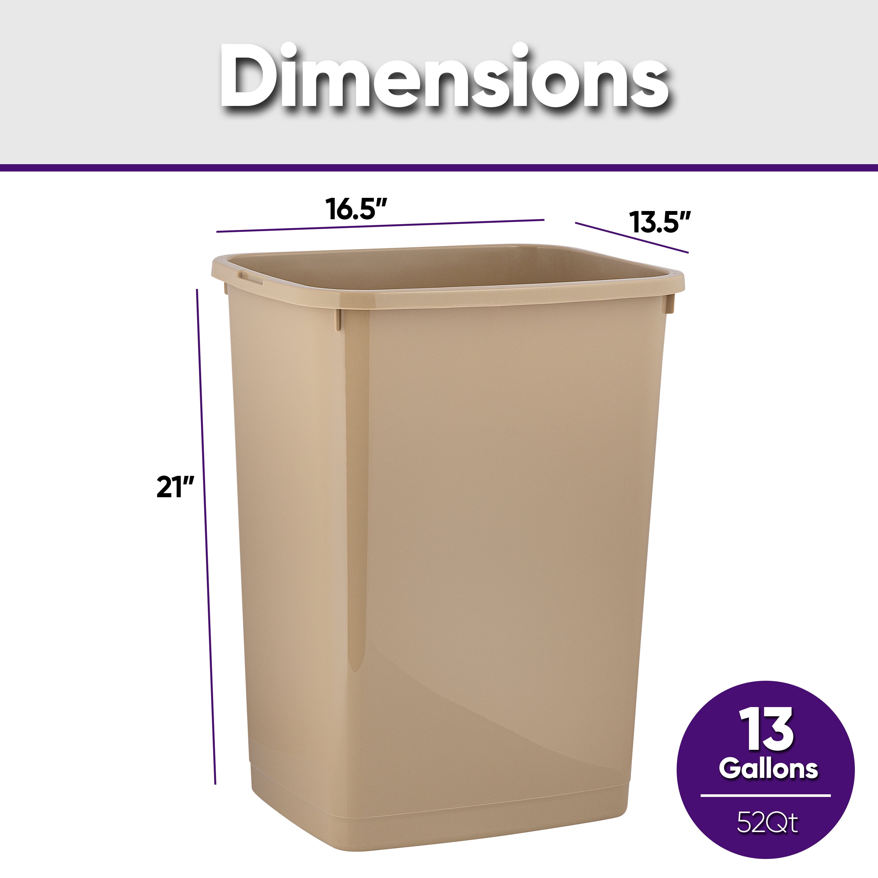 Superio Large Kitchen Trash Can 13 Gallon, 52 Qt Waste Bin for Kitchen, Garage, Indoor and Outdoor Trash Can, Beige