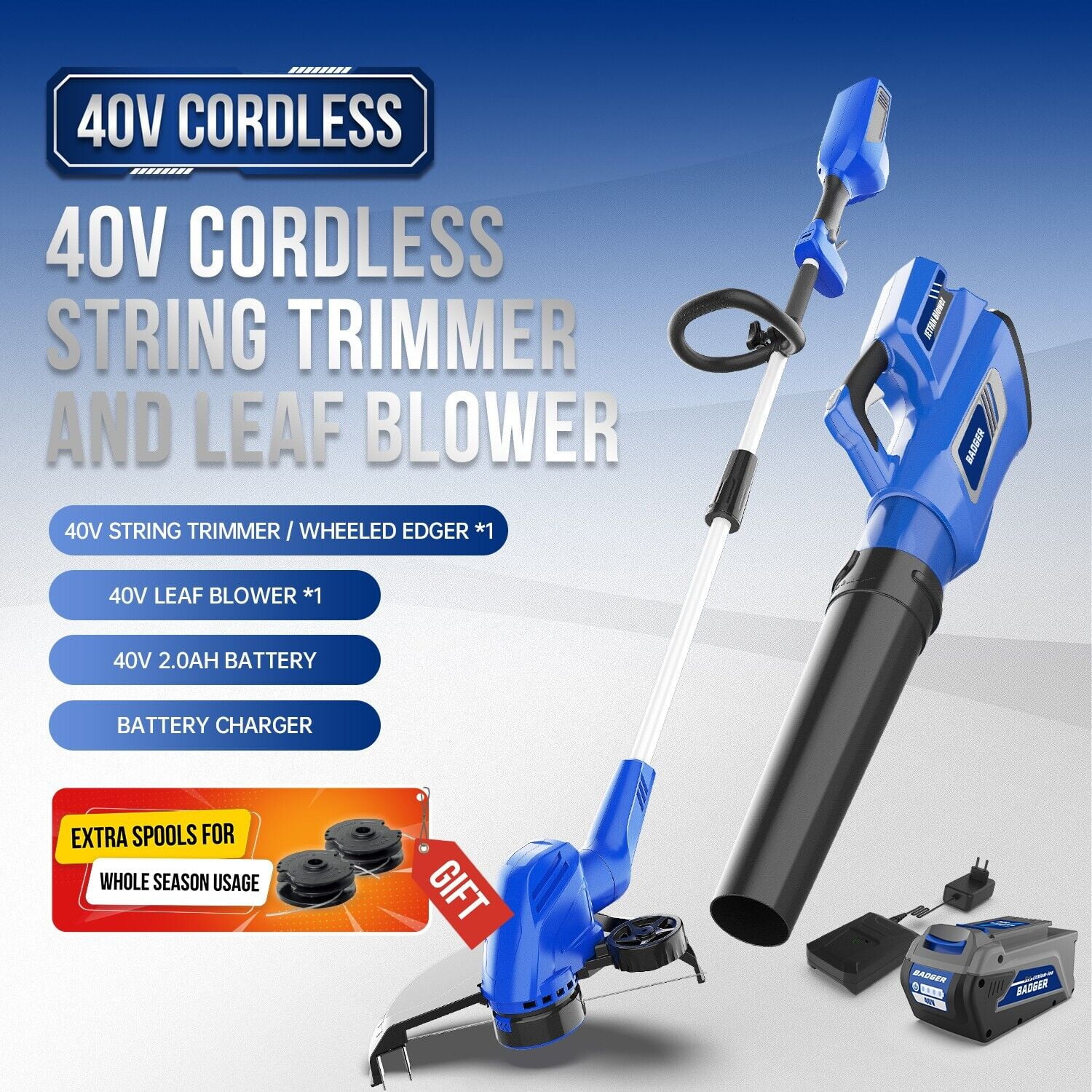 WILD BADGER POWER 40V Weed Wacker & Leaf Blower, Wheeled Edger Kit Electric with 2Ah Battery & Charger, String Trimmer