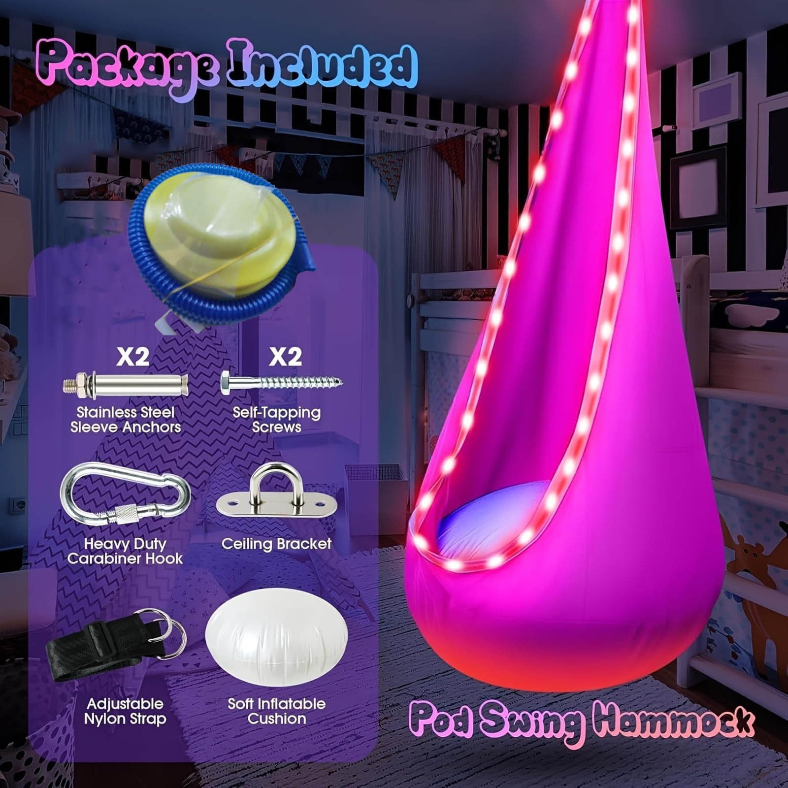 LED Hammock Chair with Light Strip 16 Color Remote Adjustable Nylon Fabric Inflatable Pillow Indoor Outdoor Hanging Swing for Kids Adult Bedroom Patio