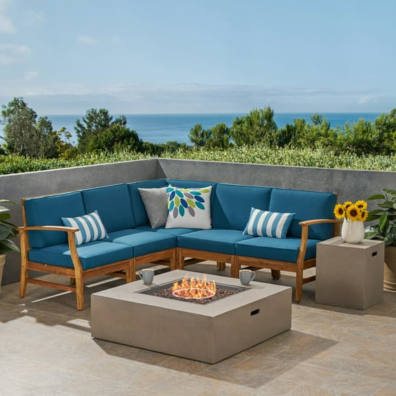 GDF Studio Illona Outdoor 5 Seater V-Shaped Acacia Wood Sofa Set, Blue and Teak