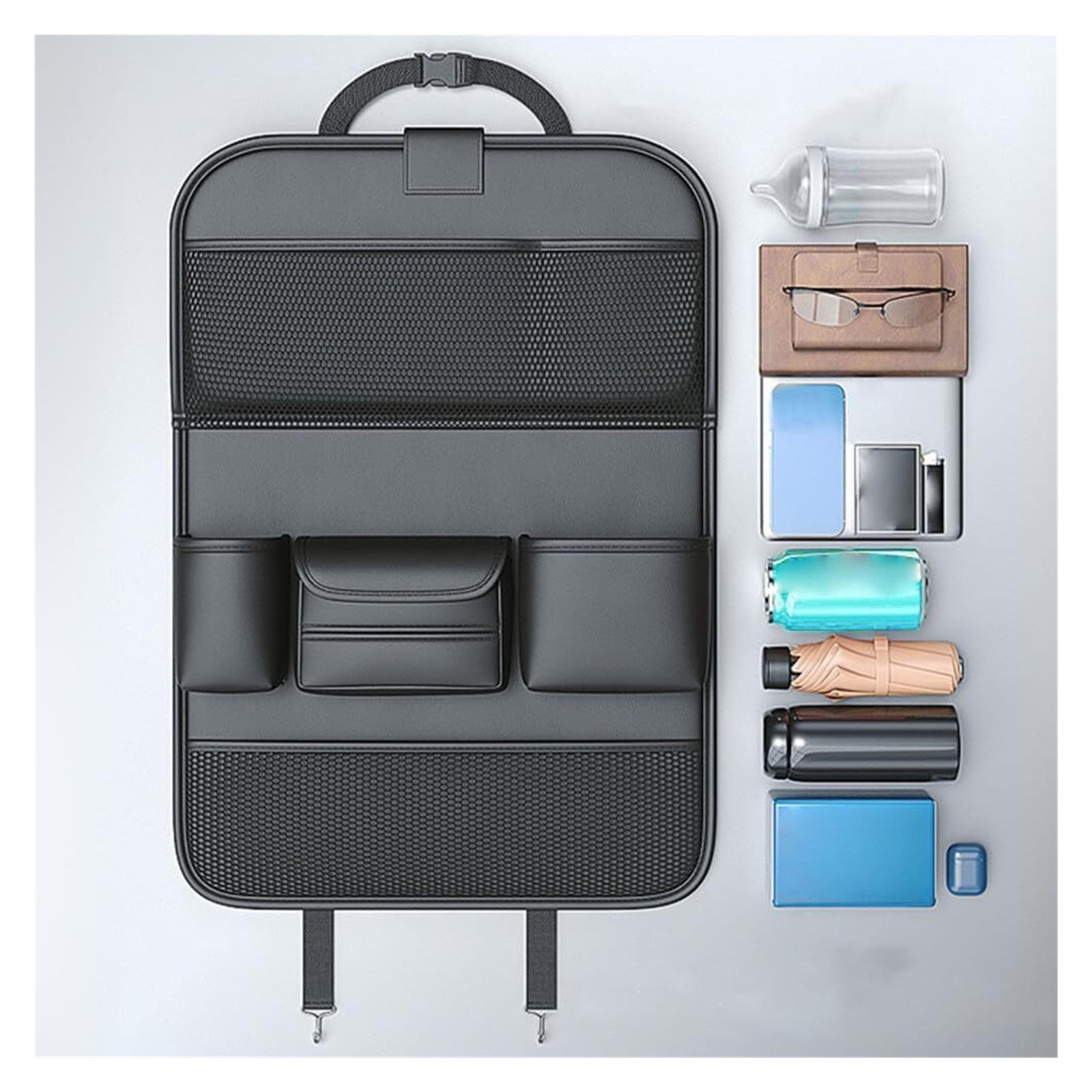GUANGHUI Leather Car Backseat Organizer with Foldable Table Tray, Car Seat Back Protectors Kick Mats, Foldable Car Seat Organizer with Tablet Holder