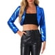 thumbnail image 1 of CHAQUETA METÁLICA HOLOGRÁFICA BRILLANTE DE MANGA LARGA CON SOLAPA PARA MUJERES INSPIRADA EN LA MODA TAMAÑO M AZUL, 1 of 5