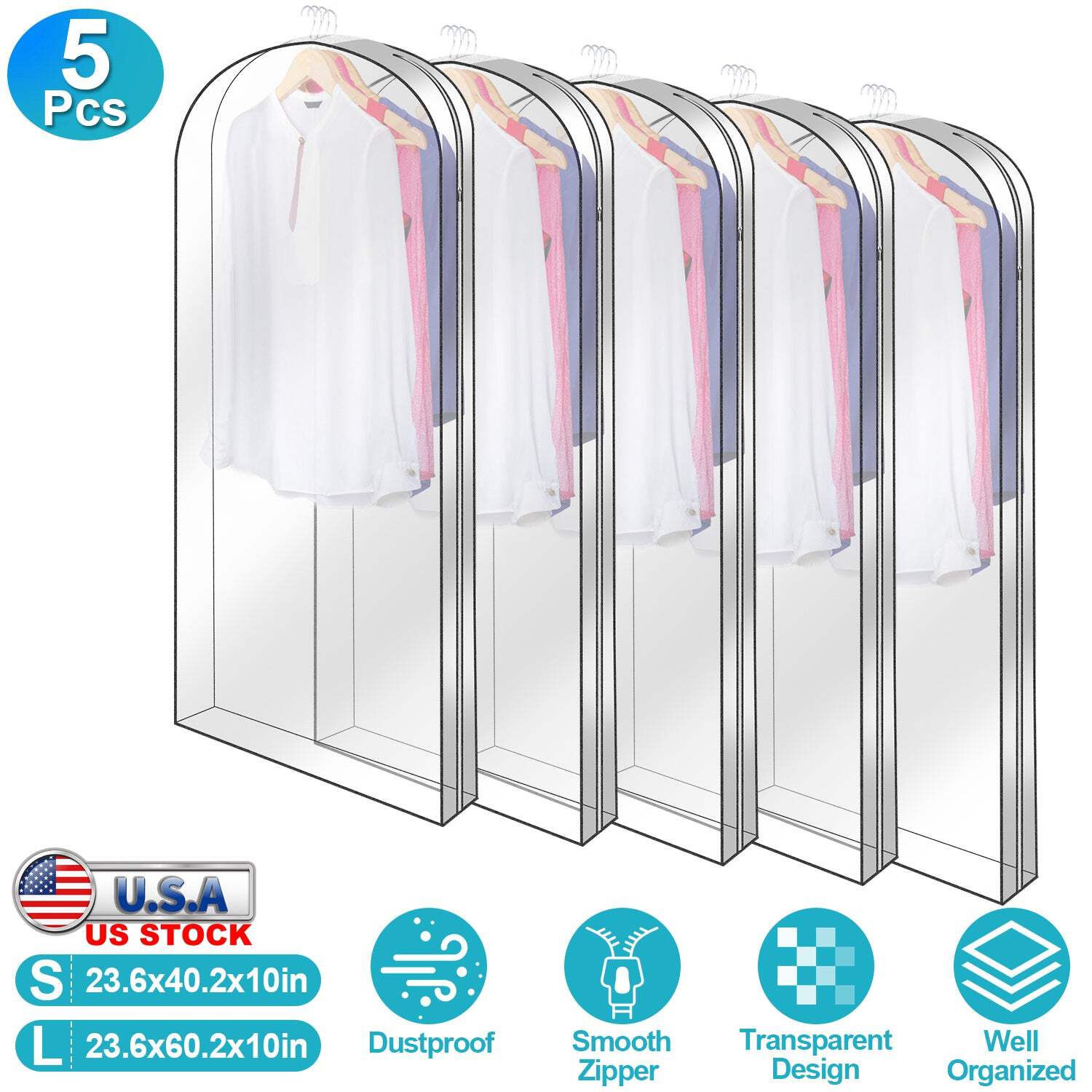 5 Pack 60In Garment Bag for Hanging Clothes