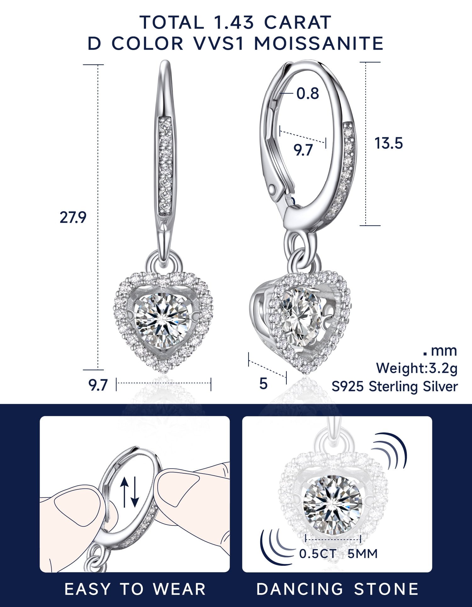 MomentWish Moissanite Huggie Earrings for Women,D Color VVS1 Simulated Diamond 925 Sterling Silver Dangle Earrings