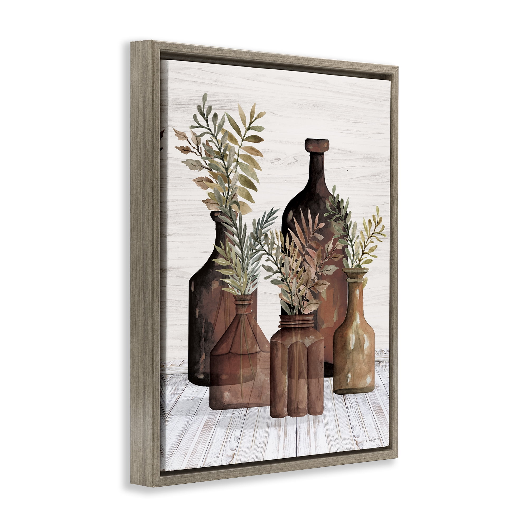 Stupell Industries Brown Pottery Botanicals Plants & Flowers Painting Brown Floater Framed Canvas Art Print Wall Art, 17 x 21