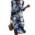 thumbnail image 3 of VBVC Women's and Women's Plus 3/4 Sleeve Midi Dress, Summer Casual Crew Neck Dress For Women, Ladies' Loose Fit Floral Dress with Pockets,Navy,S-5XL, 3 of 7