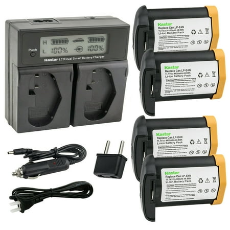 [Fully Decoded] Kastar 4-Pack 11.1V 4400mAh LP-E4N Battery and AC LCD Dual Fast Charger Compatible with Canon LP-E4 LPE4N Battery LC-E4 LC-E4N Charger Canon EOS 1D Mark III Mark 3 EOS 1Ds Camera
