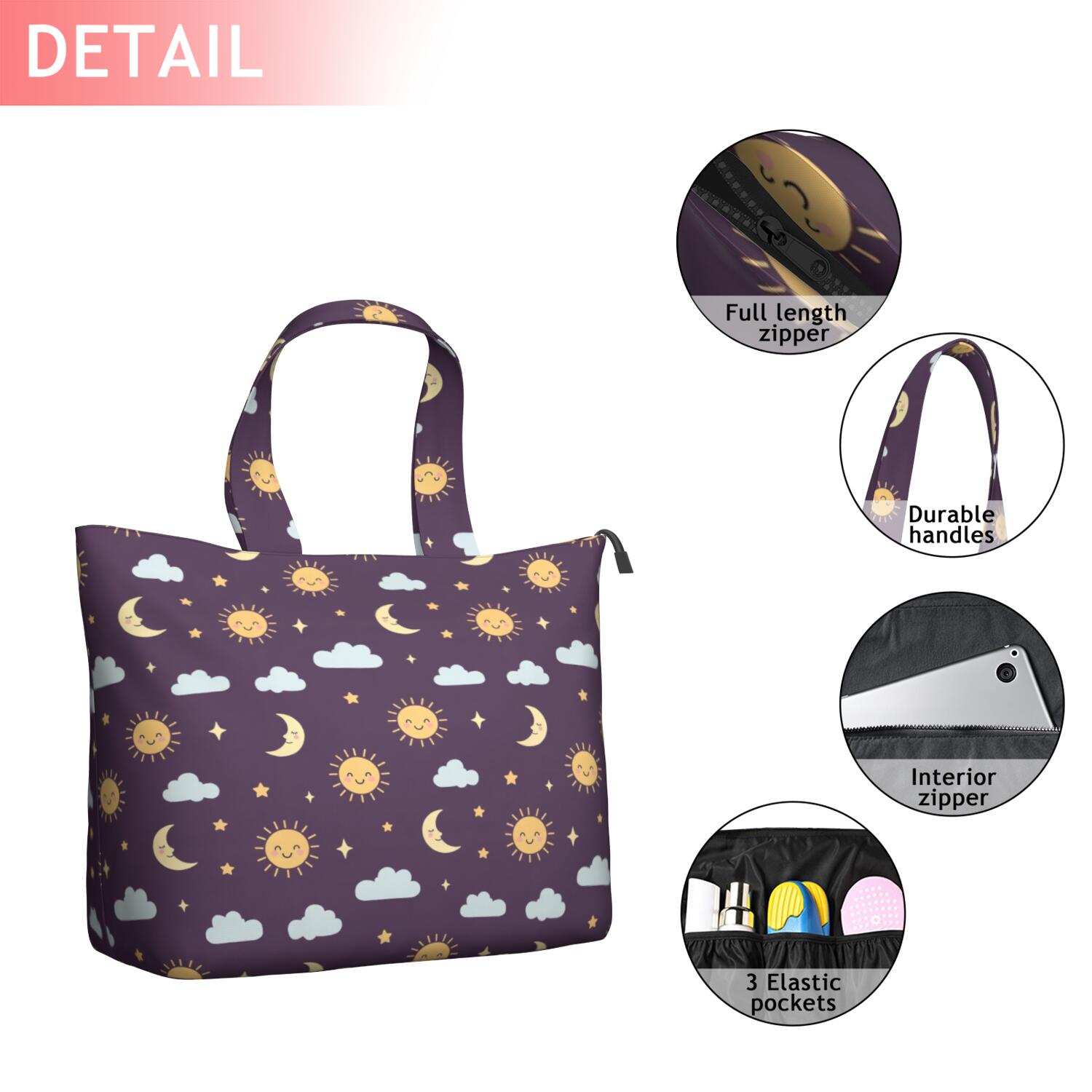 Purple Sun Moon Star Cloud Pattern Travel Tote Bags for Women Carry On,Large Weekender Bags for Women Travel,Multi Functional Duffle Bag for Work,Shopping,Sports
