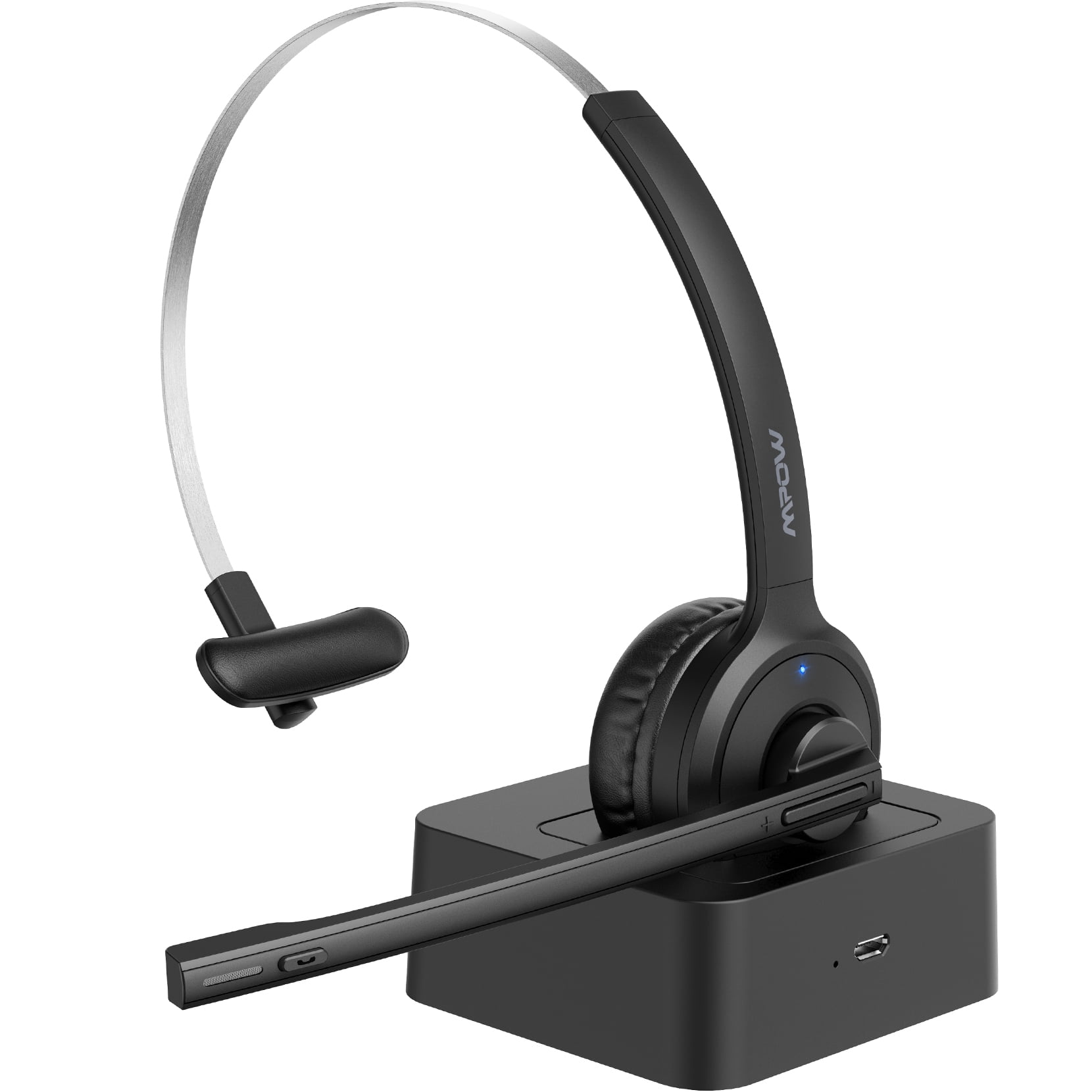 Mpow M5 V5.0 Bluetooth Headset, Over The Head Headset with Noise-Canceling Microphone & Charging Base, Truck Driver Headset for Call Center, Office