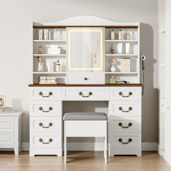 Makeup Vanity Desk with Mirror, Lights & Power Outlet - Vanity Table with 10 Drawers, 8 Shelves & Chair Included, 3-Color LED Lighting for Bedroom
