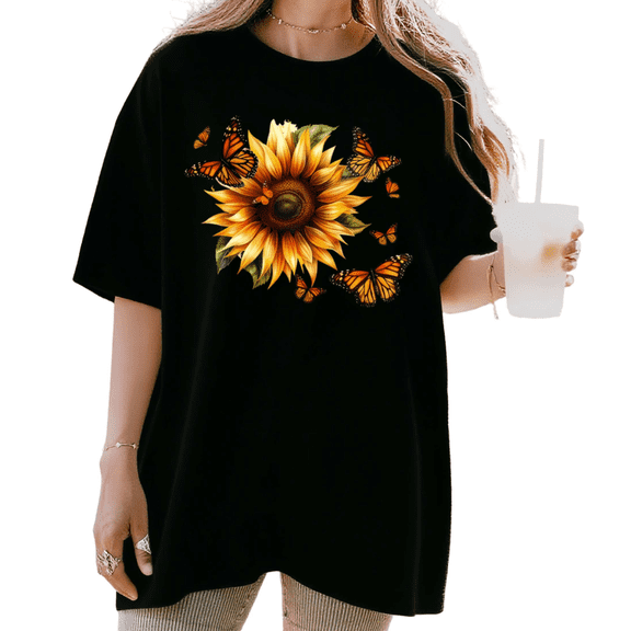 UNISHE Women's Realistic Sunflower with Monarch Butterflies Graphic Short Sleeve T-Shirt Casual Cotton Crewneck Top