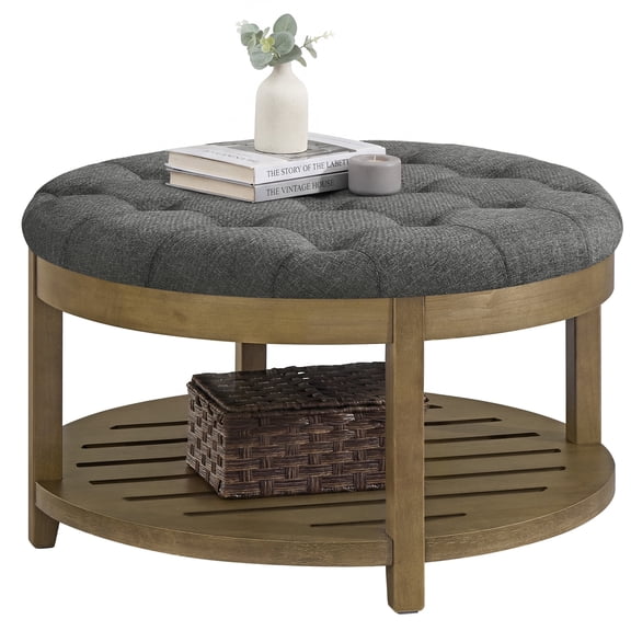 SONGMICS Storage Ottoman with Solid Wood Frame, Round Upholstered Ottoman Coffee Table, Footrest, Tufted Cushion, Easy Assembly, Slate Gray