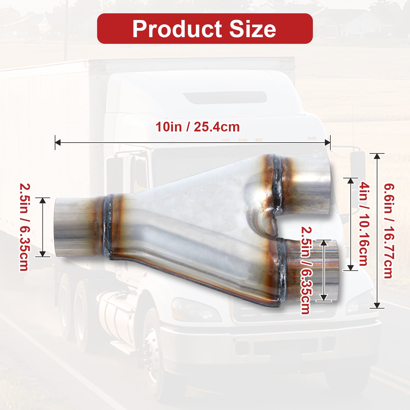 Universal Exhaust Y Pipe, 2.5" Inlet 2.5" Outlet, 10" Total Length, Stainless Steel Weld-On Exhaust Pipe Adapter/Crossover Tube, Fits Most Vehicles