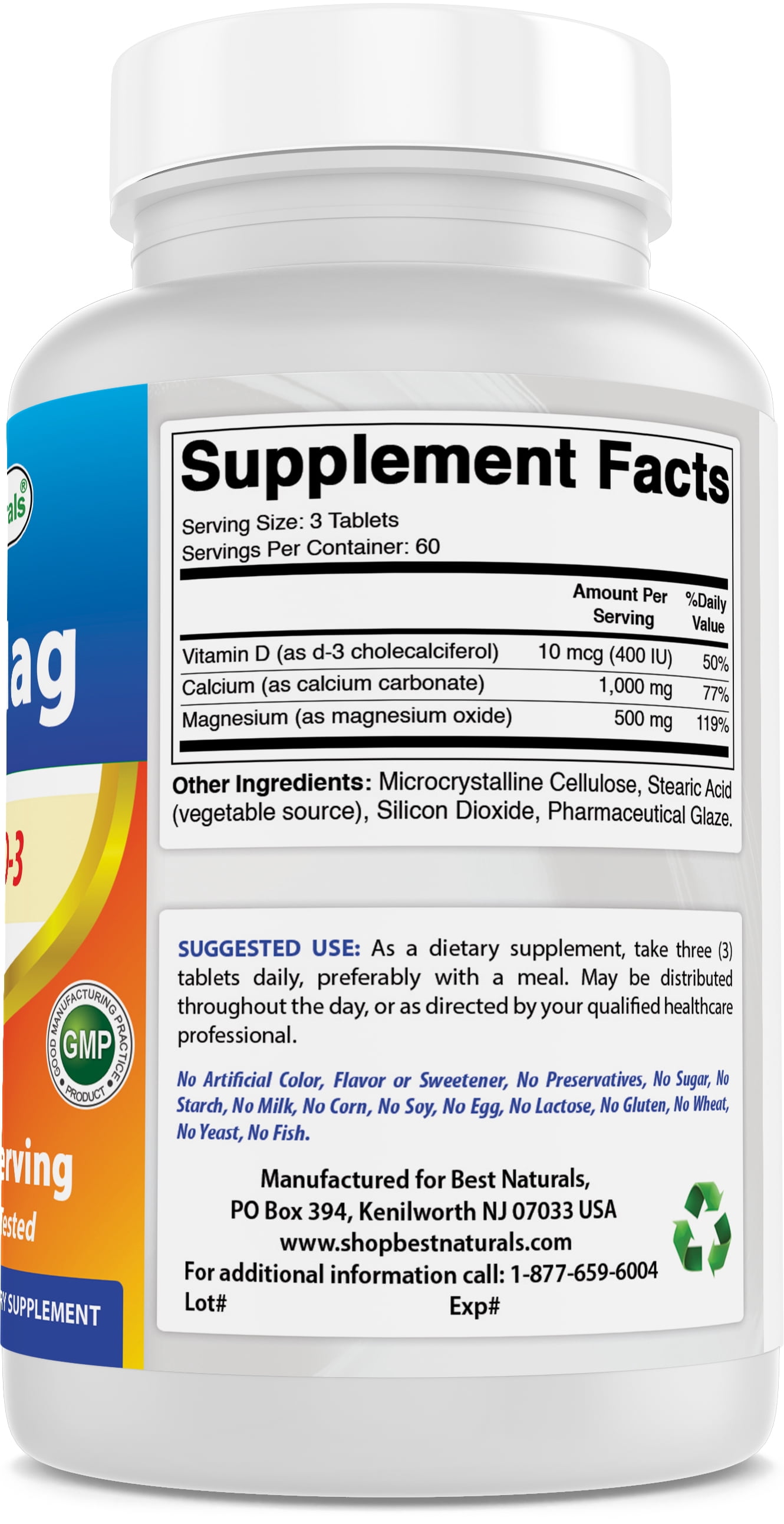 3 Pack Best Naturals Calcium Magnesium with Vitamin D3 1500mg 180 Tablets