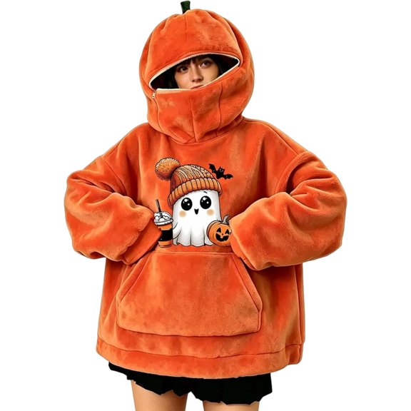 XINPING Halloween Flannel 3D Pumpkin Hoodie with Zip Hood Women Oversized Cute Ghost Sweatshirt Unisex Funny Plus Size Long Sleeve Cozy Halloween Outfits