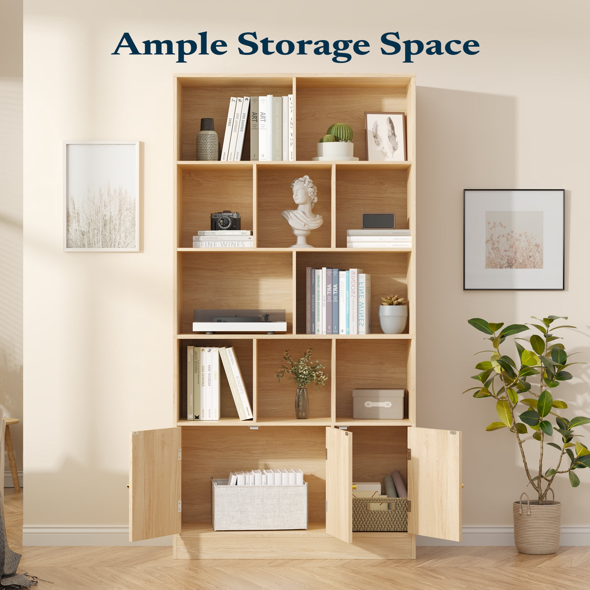 4-Tier Tall Bookshelf with 3 Doors, 71" Open Shelf Bookcase with 10 Cubes, Modern Cube Storage Organizer for Living Room, and Office, Oak