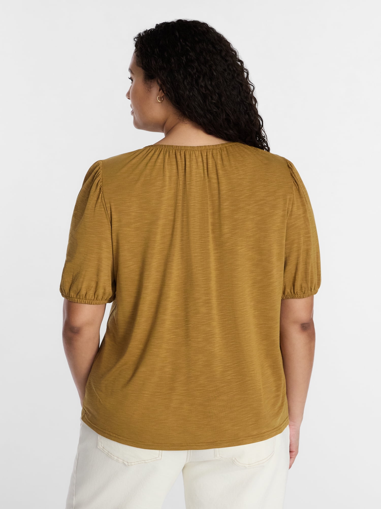 Terra & Sky Women's Plus Notch Neck Femme Puff Sleeve Top, Sizes 0X-5X