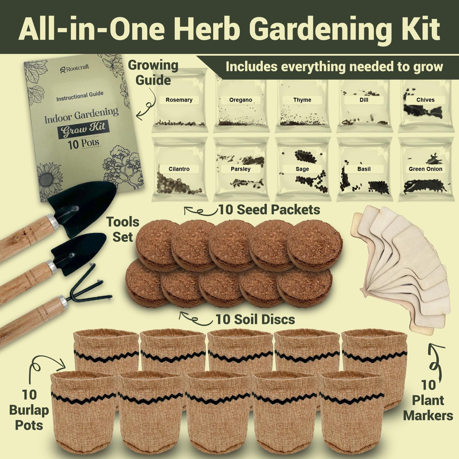 Indoor 10-Herb Garden Planter Kit – 44-Piece Complete Kitchen Herb Growing Starter Set with Burlap Pots, Plant Markers, Soil Discs and Gardening Tools, Gift for Women, Mom , Birthdays, Christmas