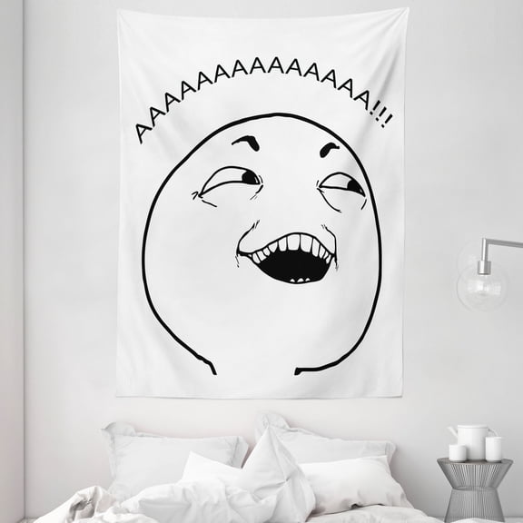 Humor Decor Tapestry, Cute Lol Guy Happy Boy Meme Face Internet Emojis Community Labels Illustration, Wall Hanging for Bedroom Living Room Dorm Decor, 60W X 80L Inches, Black White, by Ambesonne