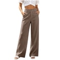 thumbnail image 2 of Qulqfy Linen Pants for Women Wide Leg Baggy High Waisted Petite Casual Khaki Button Palazzo Pants L, 2 of 8