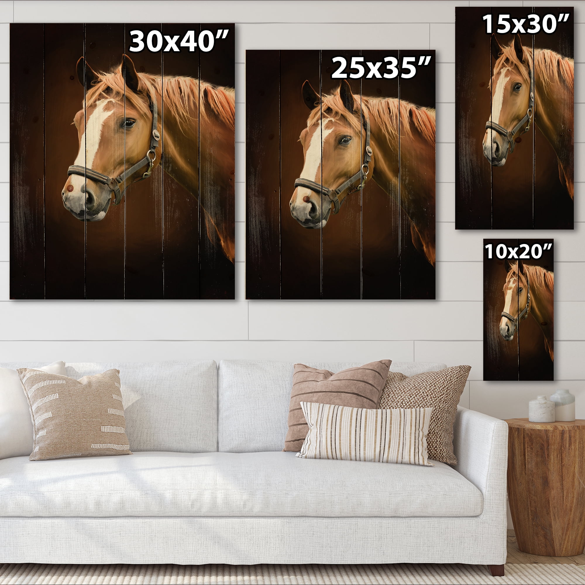 Designart 'Brown Horse With White Nose Portrait' Farmhouse Print on Natural Pine Wood