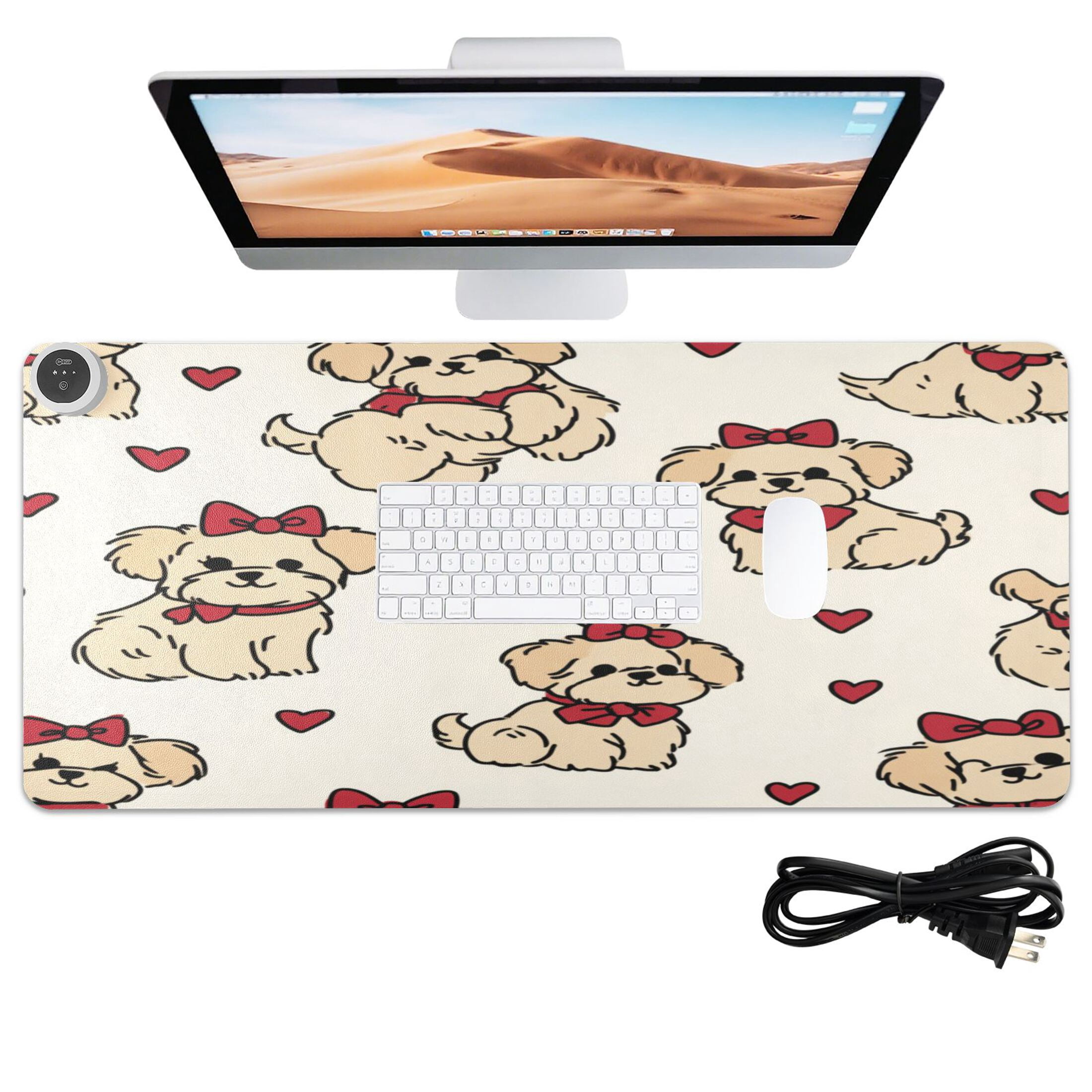 Large Heated Desk Mat Mouse Pad 31.5"x13"PU Leather Graphene Heating Desk Warmer with 3 Temperature Settings 110V US Plug Non-Slip Warm Pad for Home, Office, and Gaming Whimsical Puppy Bow Pattern