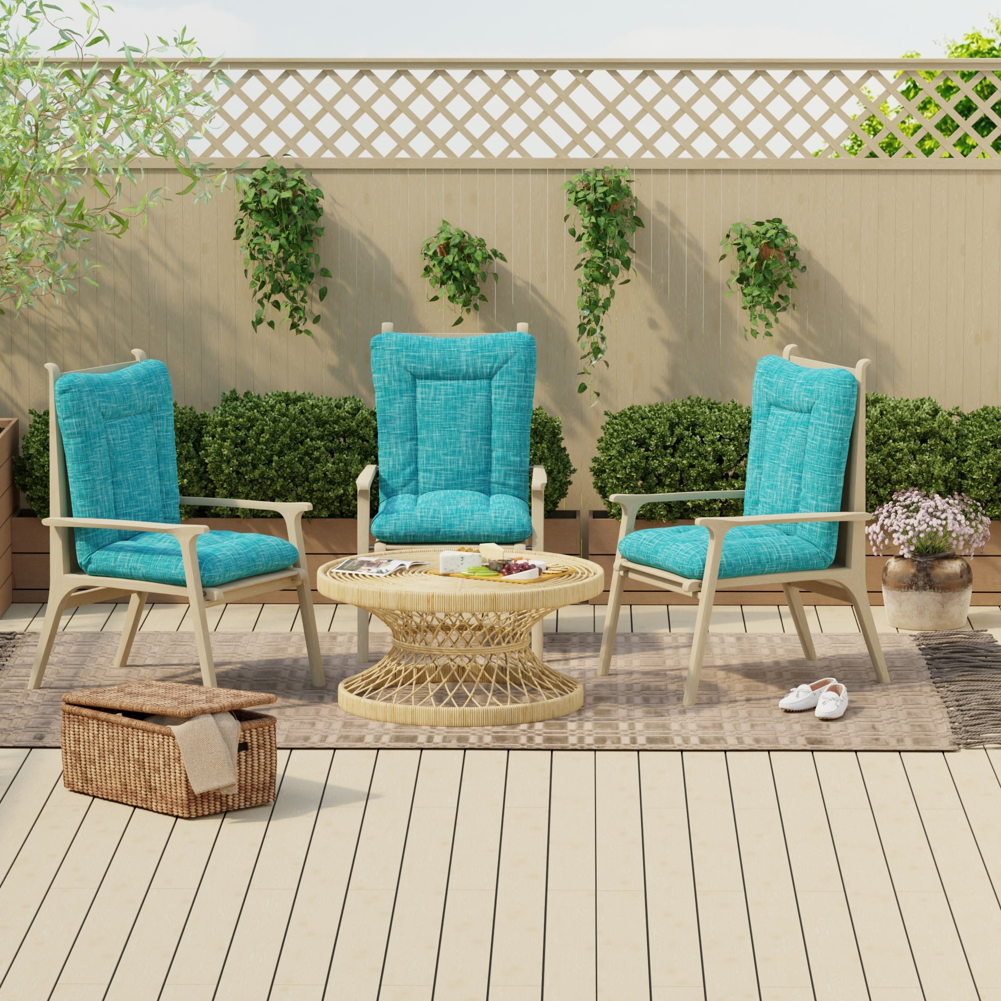 Jordan Manufacturing 38" x 21" Sketch Opal Teal Crosshatch Rectangular Outdoor Wrought Iron Chair Cushion with Ties and Hanger Loop