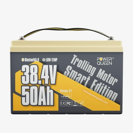 Power Queen 36V 50Ah Bluetooth Low Temp Cut Off LiFePO4 Battery Deep Cycle Lithium for Marine 100-120lb Trolling Motor