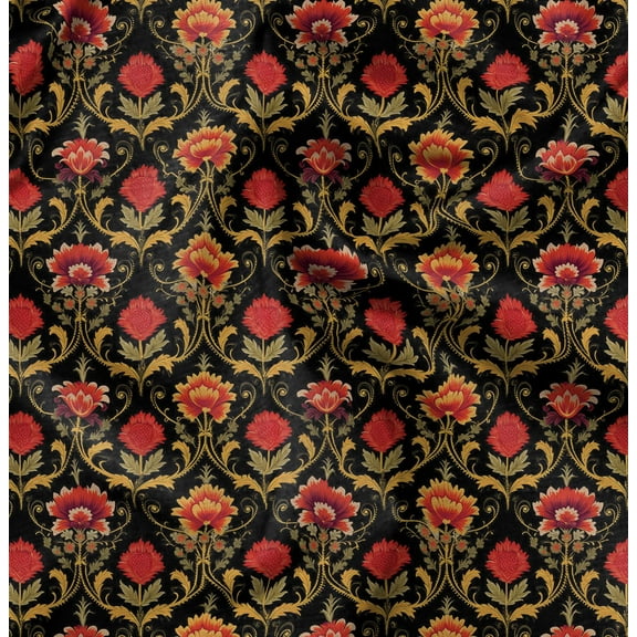 Soimoi Pure Silk Black Fabric By the Yard - 42 Inch Wide - Floral Damask Pattern Textile - Graceful and Whimsical Designs for Apparel and Crafts Printed Fabric