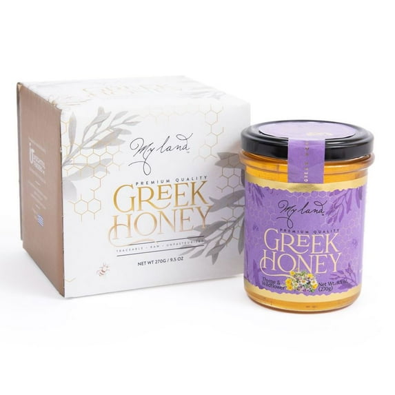My Land Greek Honey, Nutrient Rich, Raw and Unfiltered, Thyme and Wildflower Honey, 100% Pure, 9.5 oz glass jar