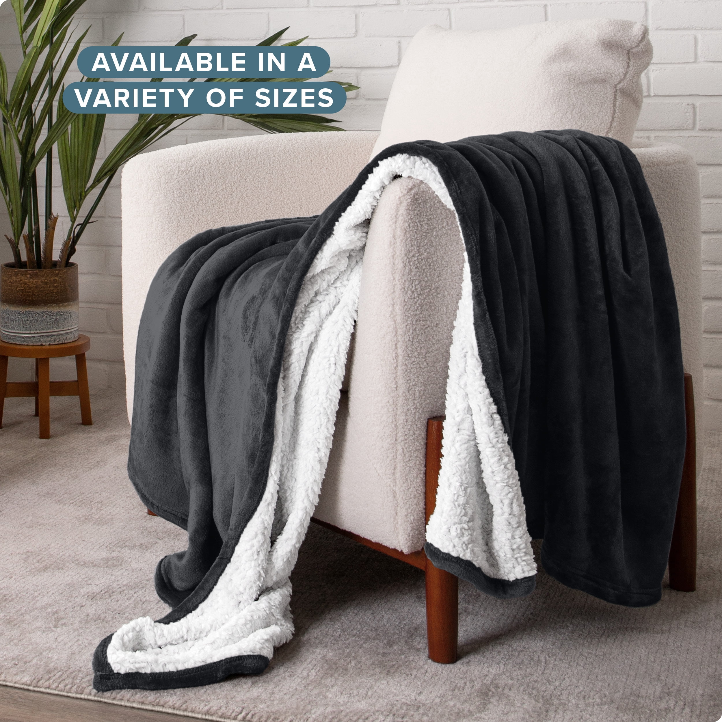 Bare Home Plush Sherpa Bed Blanket - Fluffy & Soft - Reversible - Lightweight - Full/Queen, Black