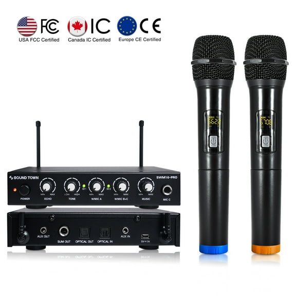 Sound Town 16 Channels Wireless Microphone Karaoke Mixer System with Optical (Toslink), AUX and 2 Handheld Microphones - Supports Smart TV, Home Theater, Sound Bar (SWM16-PRO)