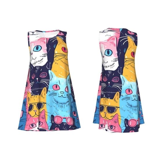Horeoi Colorful Cats Pattern Art Print Women's Sleeveless Dress Cotton-like Flared Hem Deep Side Pockets Above-Knee