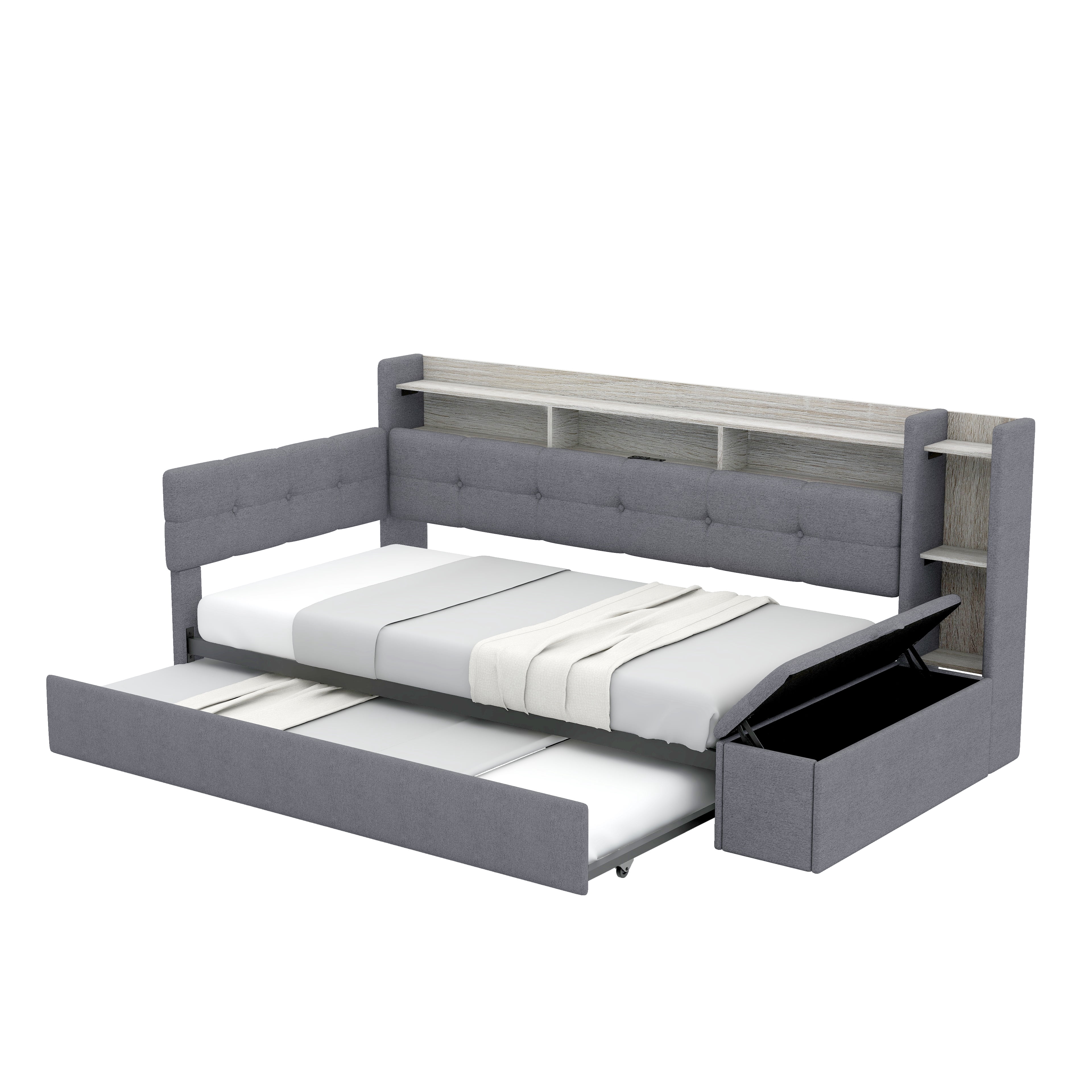 Euroco Upholstery Twin Size Daybed with Trundle, Storage Sofa Bed with Footstool and Shelves, LED Light and USB Charging, Grey
