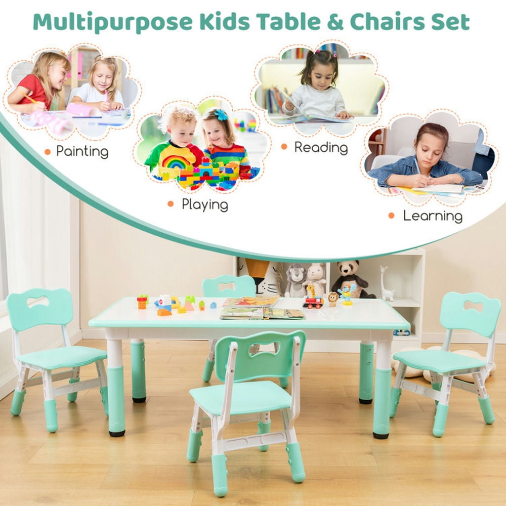 Resenkos Kids Table and Chairs Set for 4 with Graffiti Desktop-Green, Small Folding Table for Arts & Crafts, Snack Time, Homeschooling, Homework
