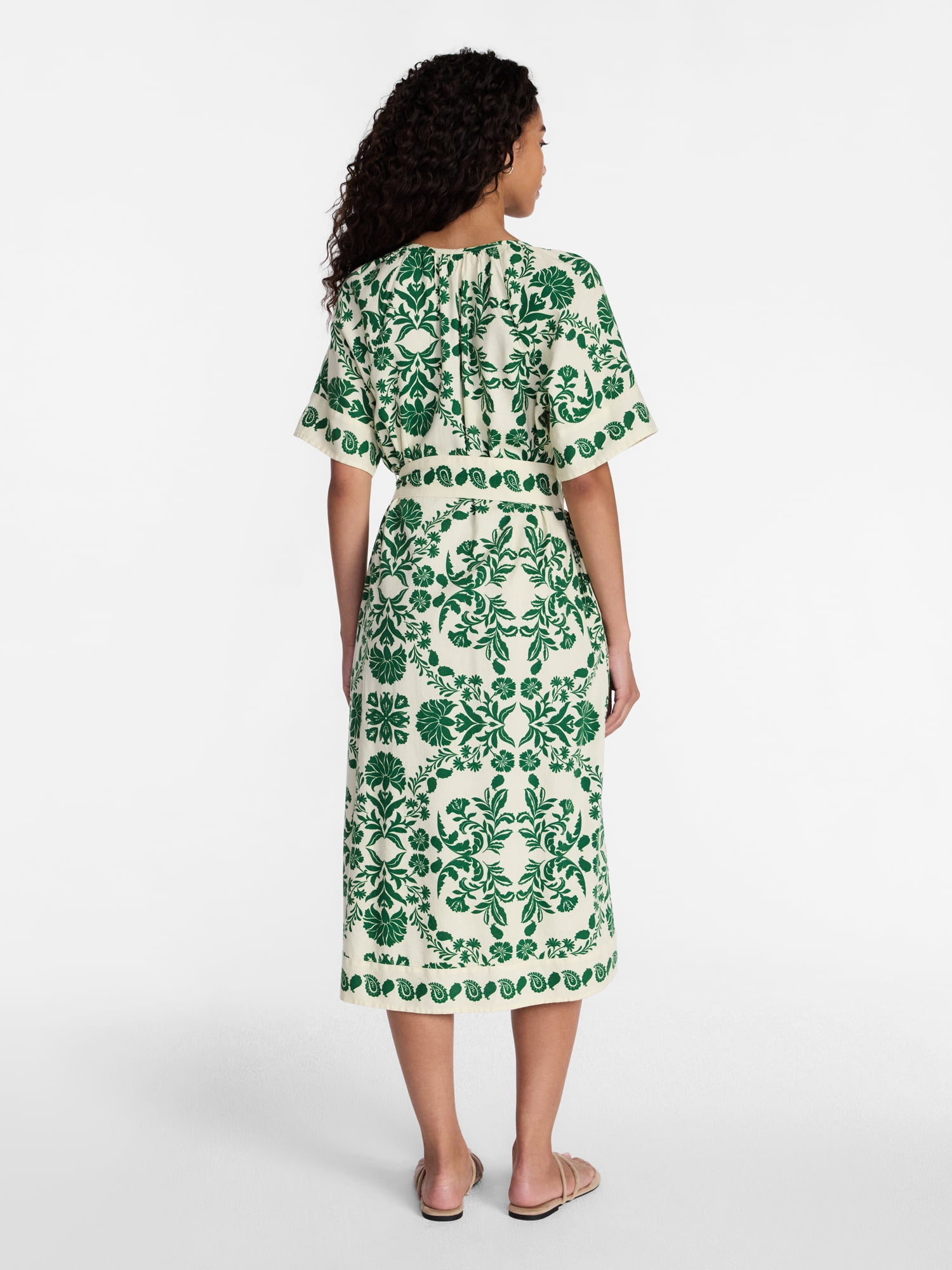 Time and Tru Women’s Border Print Linen Blend Midi Dress, Sizes XS-XXXL