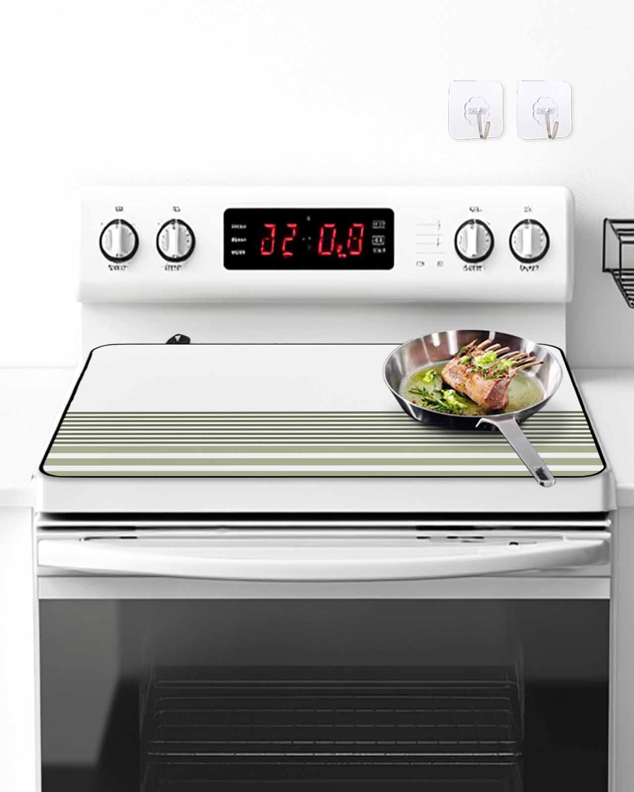 Stove Top Covers for Electric Stove, Sage Green Striped Glass Stovetop Cover Protector, Modern Farmhouse Stripes Induction Cooktop Protector Oven Mat for Kitchen Countertop 24"x21"