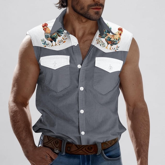 Camiseta sin mangas con cuello vuelto para hombre, estilo informal, a la moda, con estampado, cuello vuelto, sin mangas, bolsillos, deportiva, de poliéster